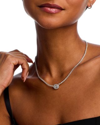 Diamond Round & Baguette Halo Tennis Necklace in 14K White Gold, 4.50 tcw