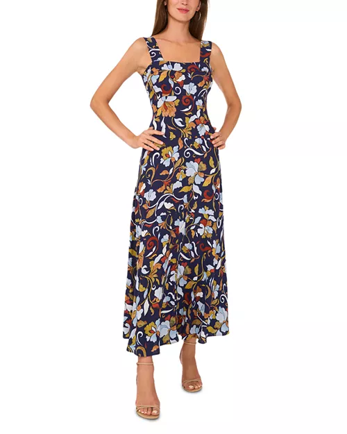 printed square neck tiered maxi dress