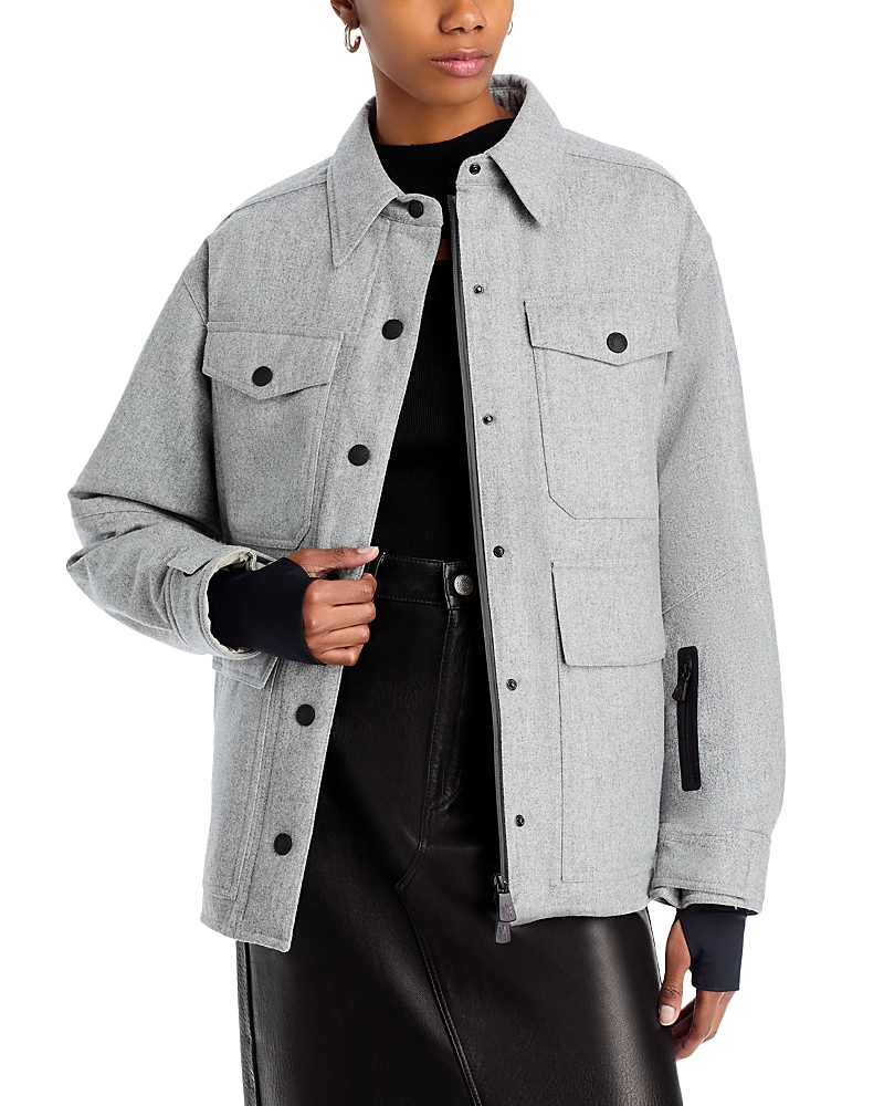 Moncler Huez Technical Wool Hooded Shirt Jacket Grey In Light Gray