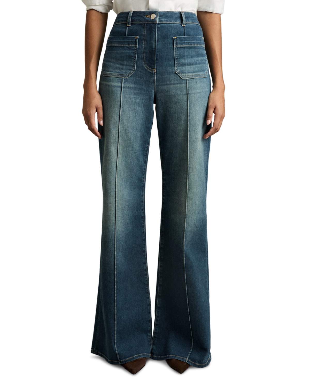 Sakura Patch Pocket High Rise Flare Jeans in Mid Blue