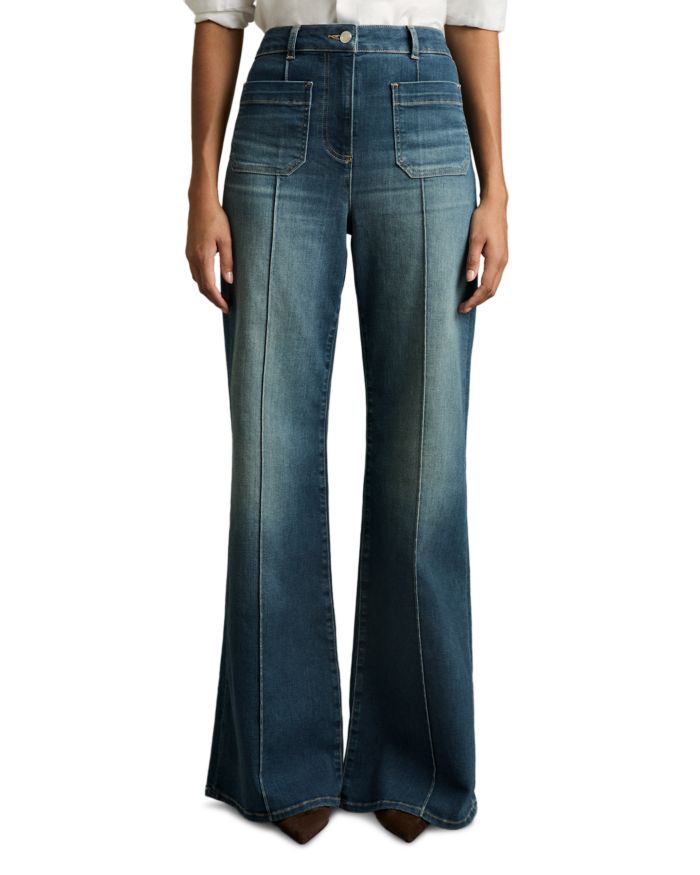 Sakura Patch Pocket High Rise Flare Jeans Mid Blue