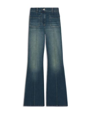 Sakura Patch Pocket High Rise Flare Jeans in Mid Blue
