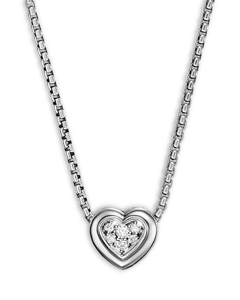 David Yurman Puffy Heart Pendant Necklace in Sterling Silver with Diamonds, 7.8mm