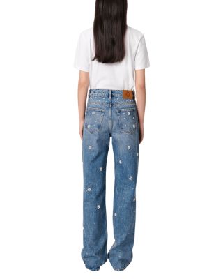 Embellished High Rise Wide Leg Jeans in Blue