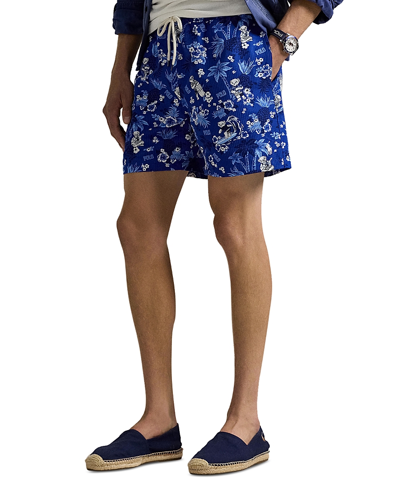 Polo Ralph Lauren Traveler Straight-leg Mid-length Floral-print Seersucker Swim Shorts In Blue Multi