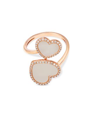 Mother of Pearl & Diamond Double Heart Bypass Ring in 14K Rose Gold
