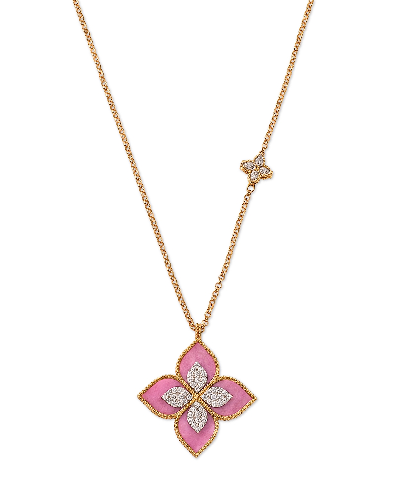 Roberto Coin 18k White & Yellow Gold Venetian Princess Pink Rhodonite & Diamond Flower Pendant Necklace, 33 In Pink/gold