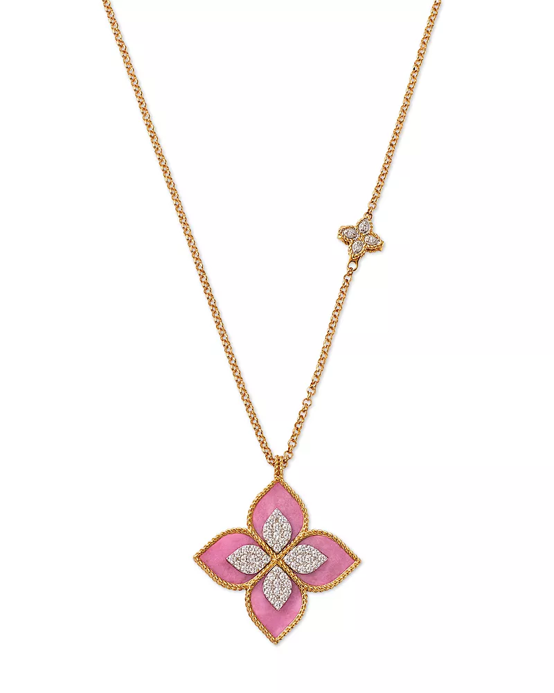 Roberto Coin 18K White & Yellow Gold Venetian Princess Pink Rhodonite & Diamond Flower Pendant Necklace, 33