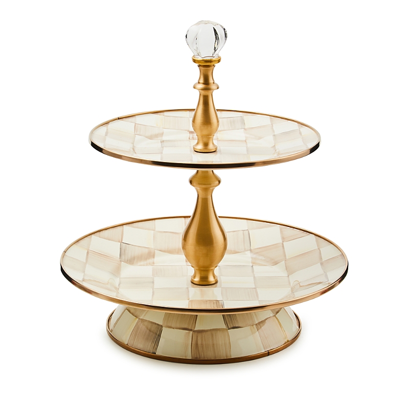 Mackenzie-childs Mocha Check Two Tier Sweet Stand In Mocha