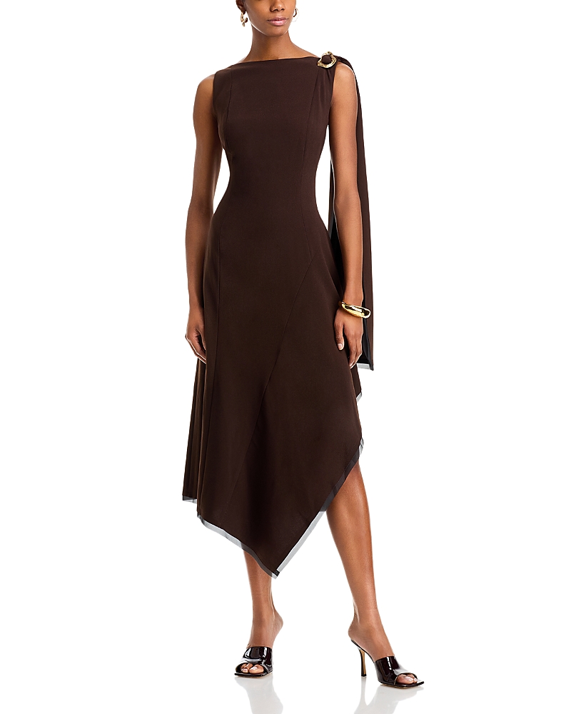 Jason Wu Collection Boatneck Fit-flare Crepe Dress With Organza Trim In Bark