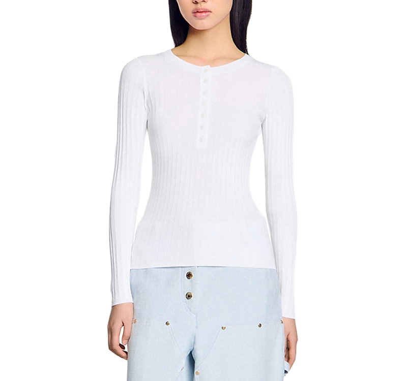 Sandro Ribbed Sweater With Tunisian Collar In White
