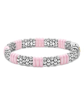 Sterling Silver Pink Caviar Ceramic Rondelle Polished Bead Bracelet