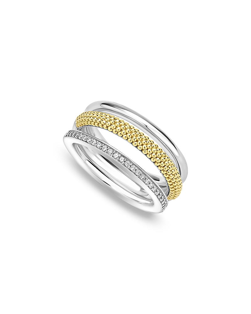 Lagos Two Tone Caviar Lux Three Row Diamond Ring, 0.135 Ct. T. W. In Silver