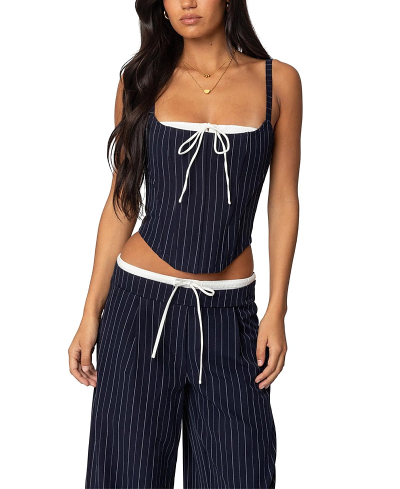 Edikted Pinstripe Peekaboo Drawstring Corset In Navy And White