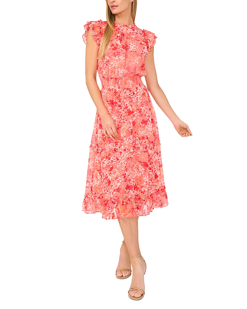 Cece Floral Flutter Sleeve Smocked Midi Dress In Deep Sea Coral