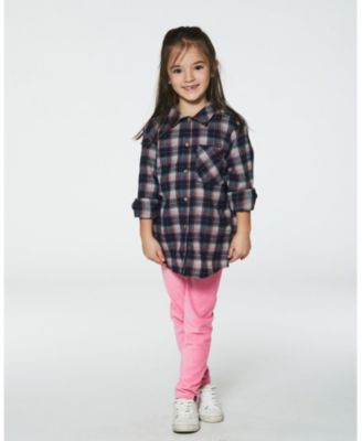 Long Sleeve Button Front Tunic Flannel Shirt Plaid Navy And Pink - Big Kid