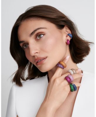 18K White Gold Dome Huggie Hoop Earrings with Blue Sapphires