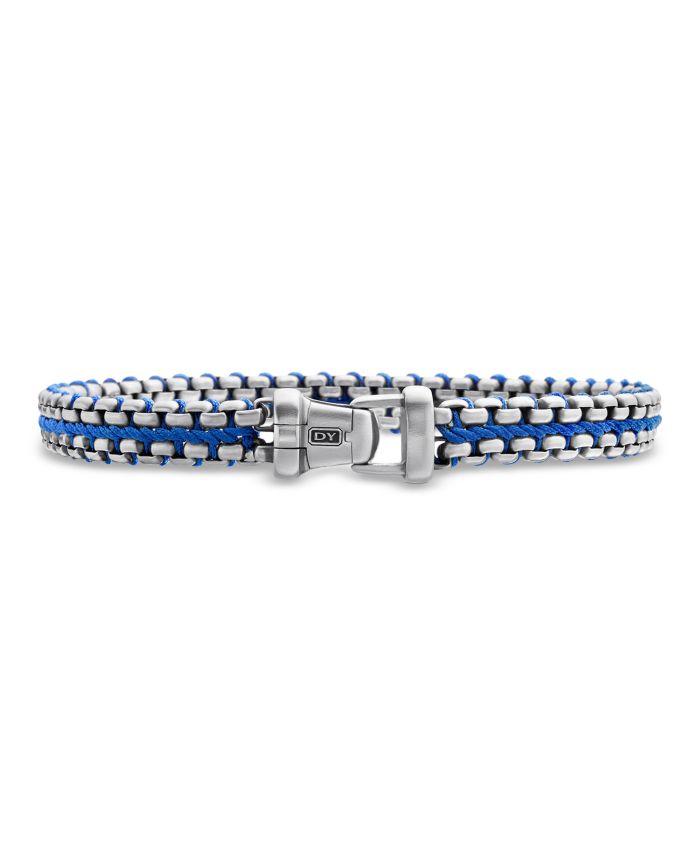 Woven Box Chain Bracelet Sterling Silver with Blue Nylon, 10mm