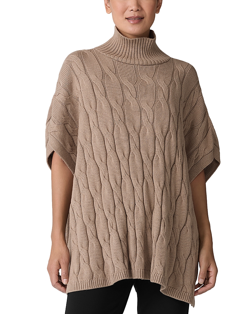 Eileen Fisher Cable-knit Turtleneck Poncho In Biscuit