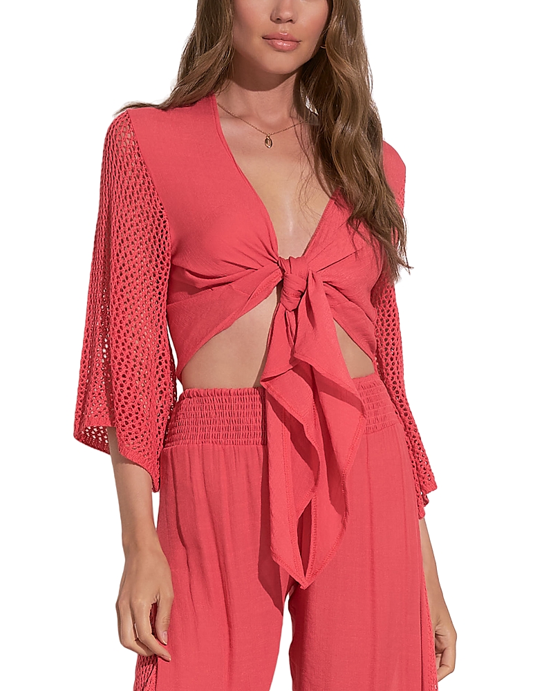 Shop Elan Tie Front Crochet Sleeve Top In Coral