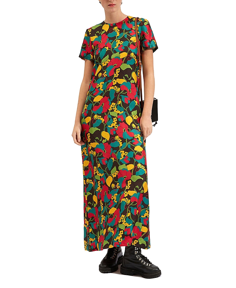 La Doublej Silk Floral Swing Maxi Dress In Vines Brown