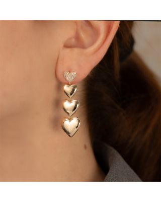 14K Yellow Gold Kate Diamond Pav&eacute; & Polished Graduated Heart Drop Earrings