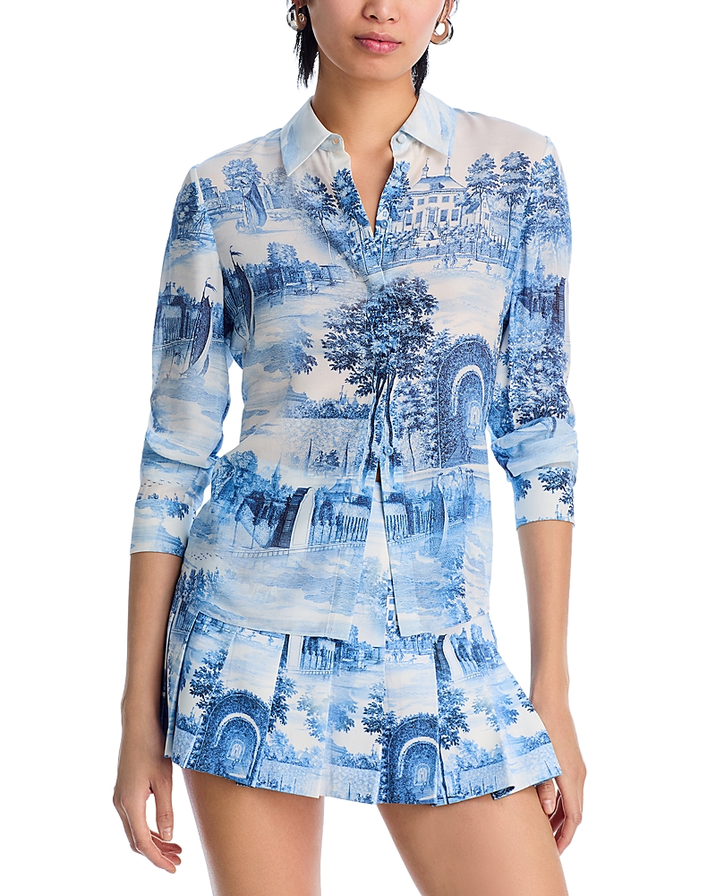 Alice And Olivia Willa Placket Blouse In Blue Multi