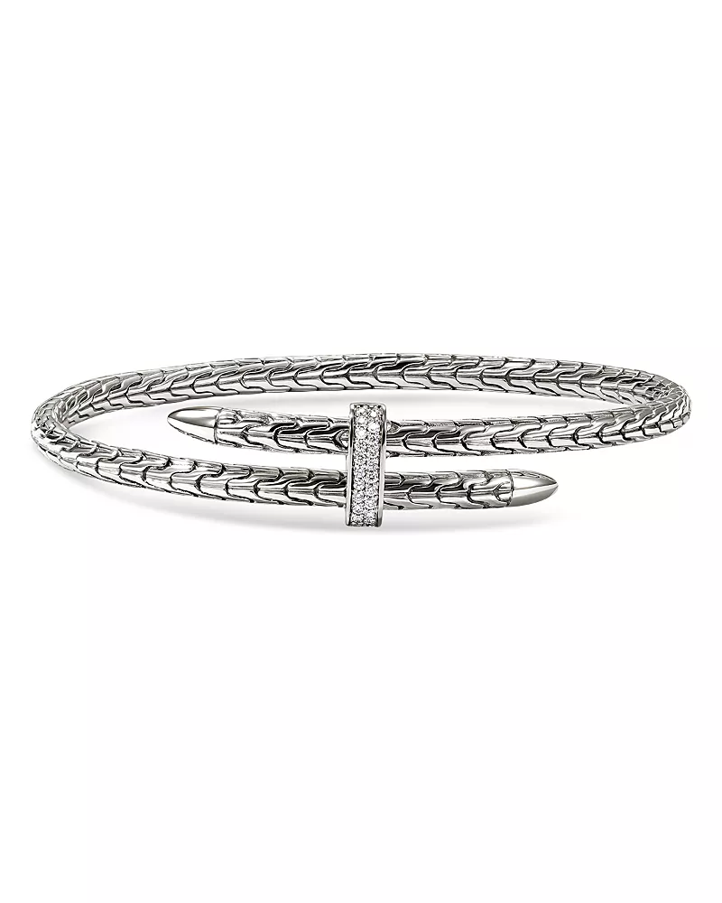 John Hardy Sterling Silver Spear Diamond Pave Flex Bypass Cuff Bracelet