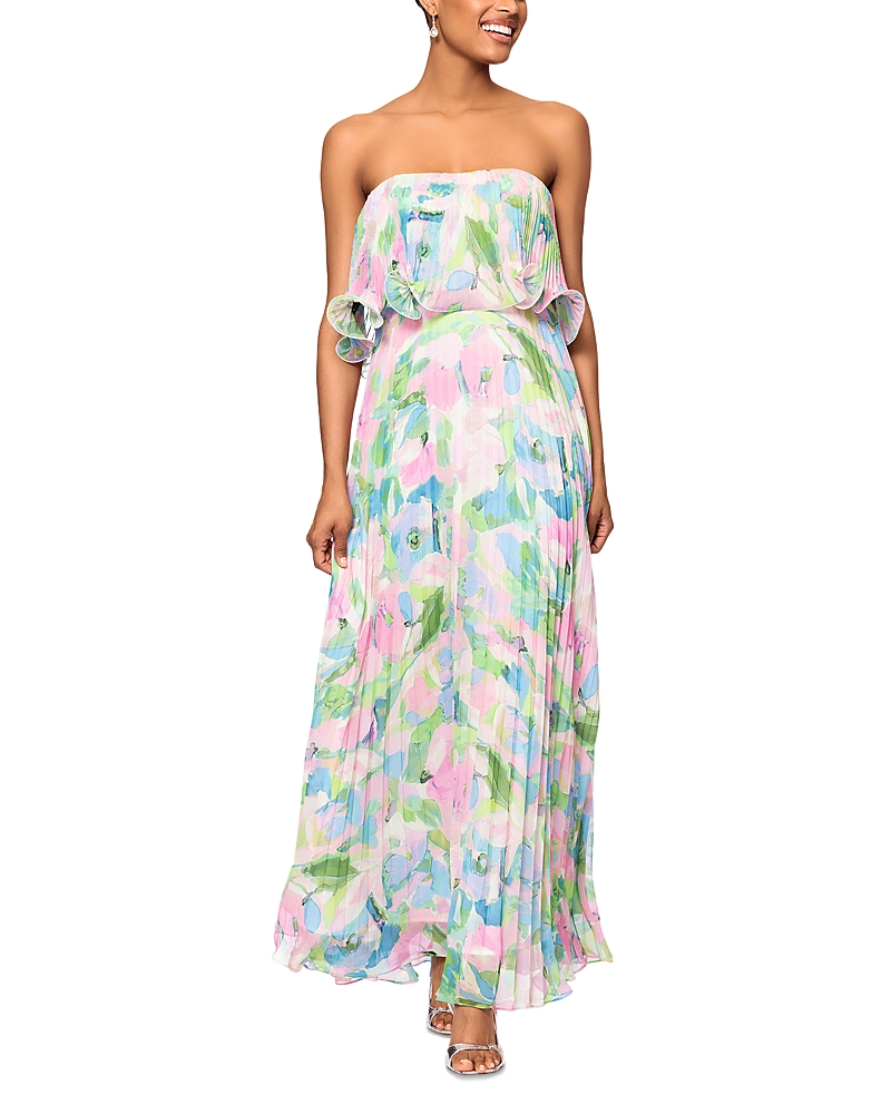 Aqua Printed Pleated Strapless Dress - Exclusive In Multi