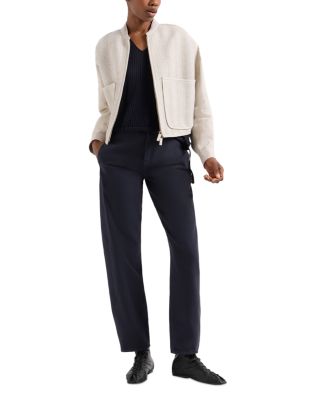 Woven Nappa Leather & Linen Bomber Jacket with Oversize Front Pockets