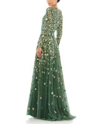  Embellished High Neck Long Sleeve A Line Gown