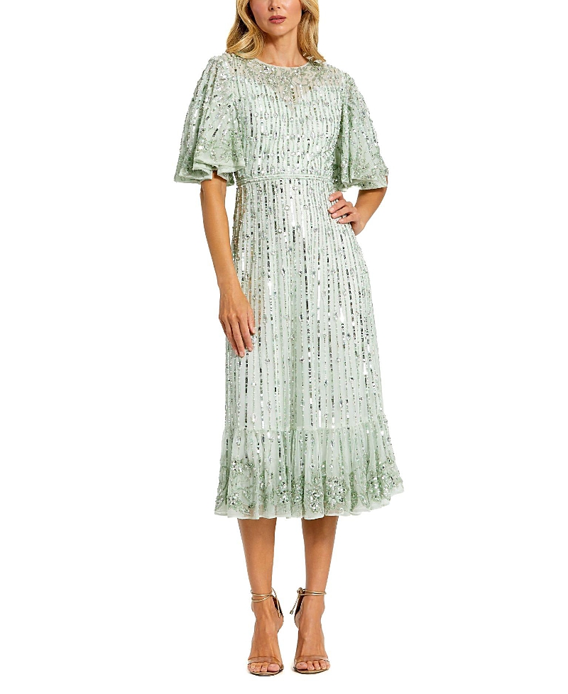Mac Duggal Sequined Flounce Sleeve Midi Dress