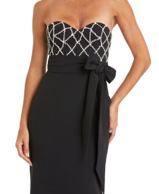 Strapless Crepe Embellished Bustier Gown with Bow