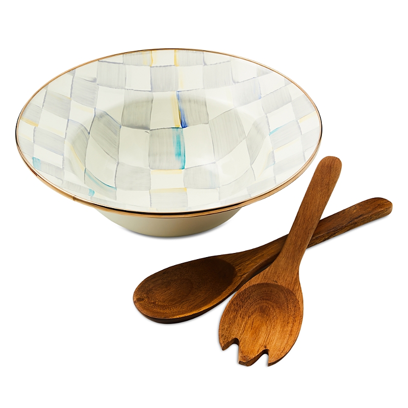 Mackenzie-childs Mackenzie Childs Sterling Check Salad Serving Set In White