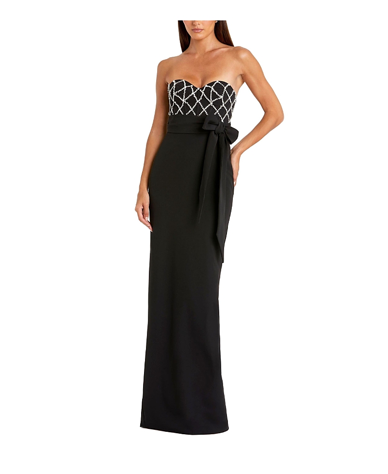 MAC DUGGAL STRAPLESS CREPE EMBELLISHED BUSTIER GOWN WITH BOW