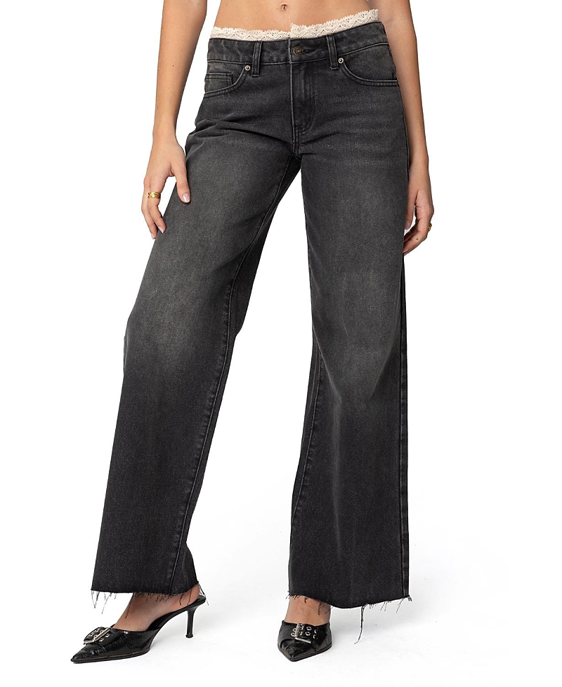 Edikted Karlie Lace Trim Low Rise Wide Leg Jeans In Black Washed