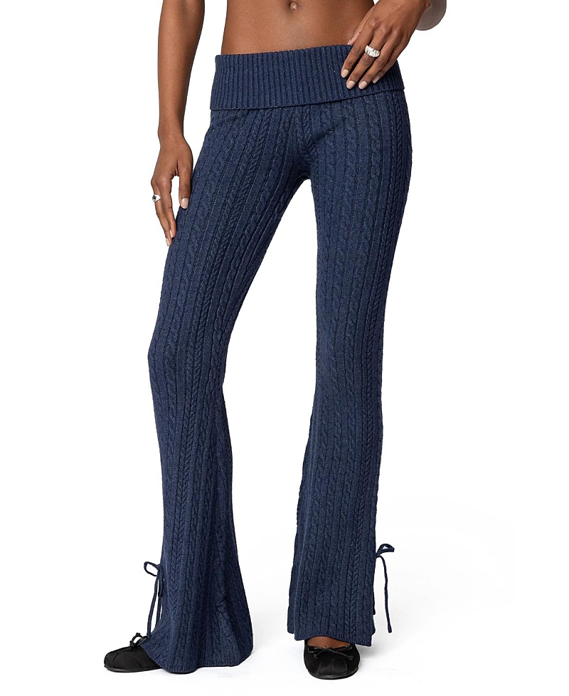 Edikted Chase Foldover Bow Trim Cable Knit Pants In Navy
