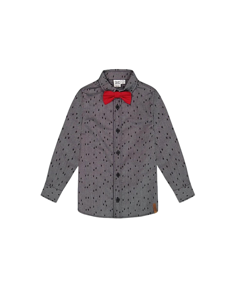 Deux Par Deux Printed Pine Chambray Shirt With Bow Tie Gray - Baby In Anthracite