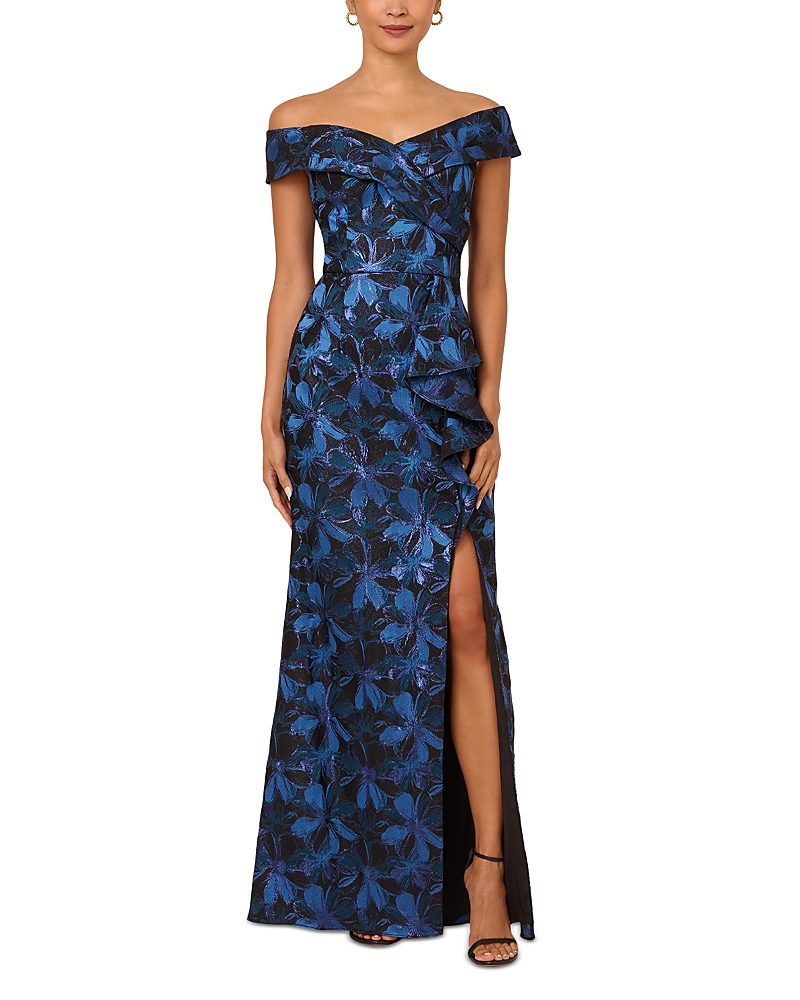 ADRIANNA PAPELL OFF SHOULDER JACQUARD GOWN