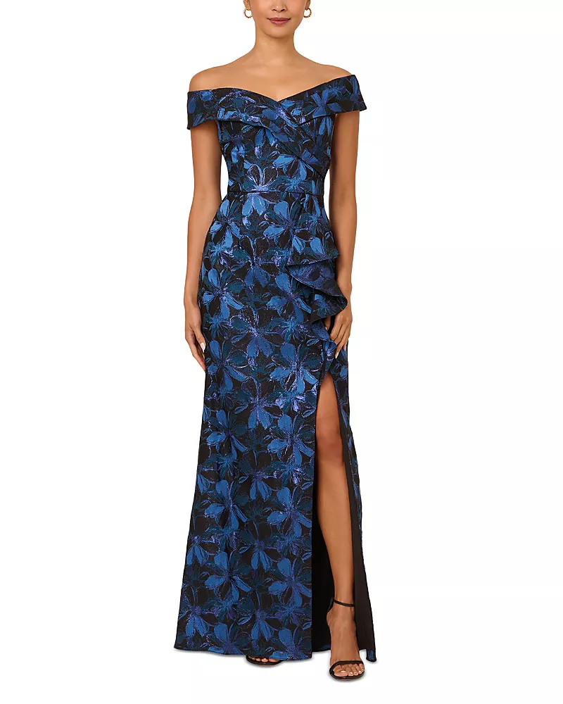Adrianna Papell Off Shoulder Jacquard Gown