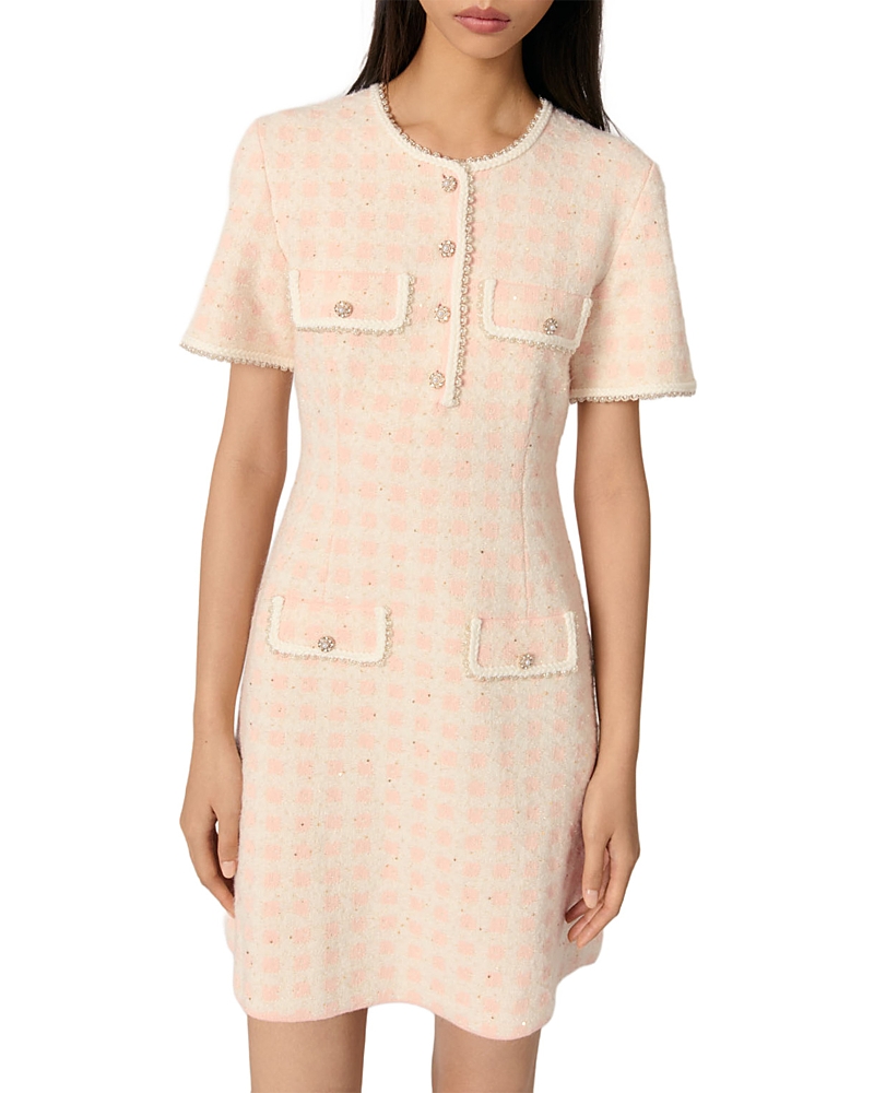 Maje Rartingal Sequined Tweed-effect Check Knit Dress In Pink/ecru