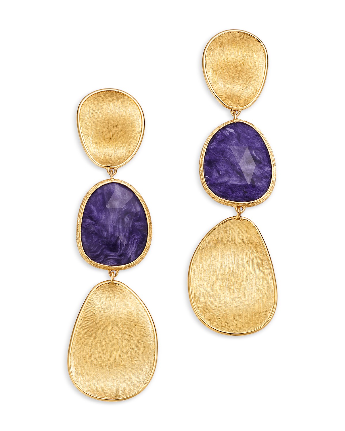 18K Yellow Gold Lunaria Color Turquoise and Charoite Textured Link Drop Earrings