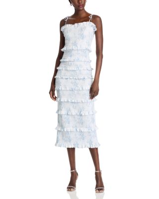 V. Chapman - Lily Smocked Floral Print Ruffle Trim Midi Dress