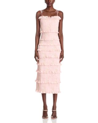 Lily Smocked Floral Print Ruffle Trim Midi Dress