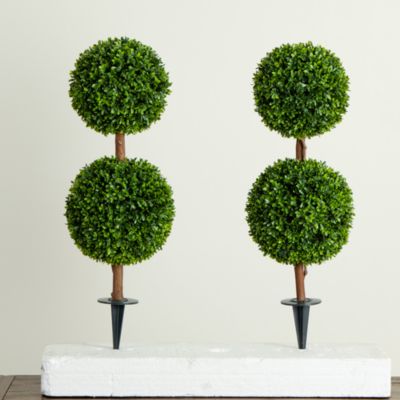 3&#39; UV Resistant Artificial Double Ball Boxwood Topiary with Integrated Ground Stake (Indoor/Outdoor), Set of 2