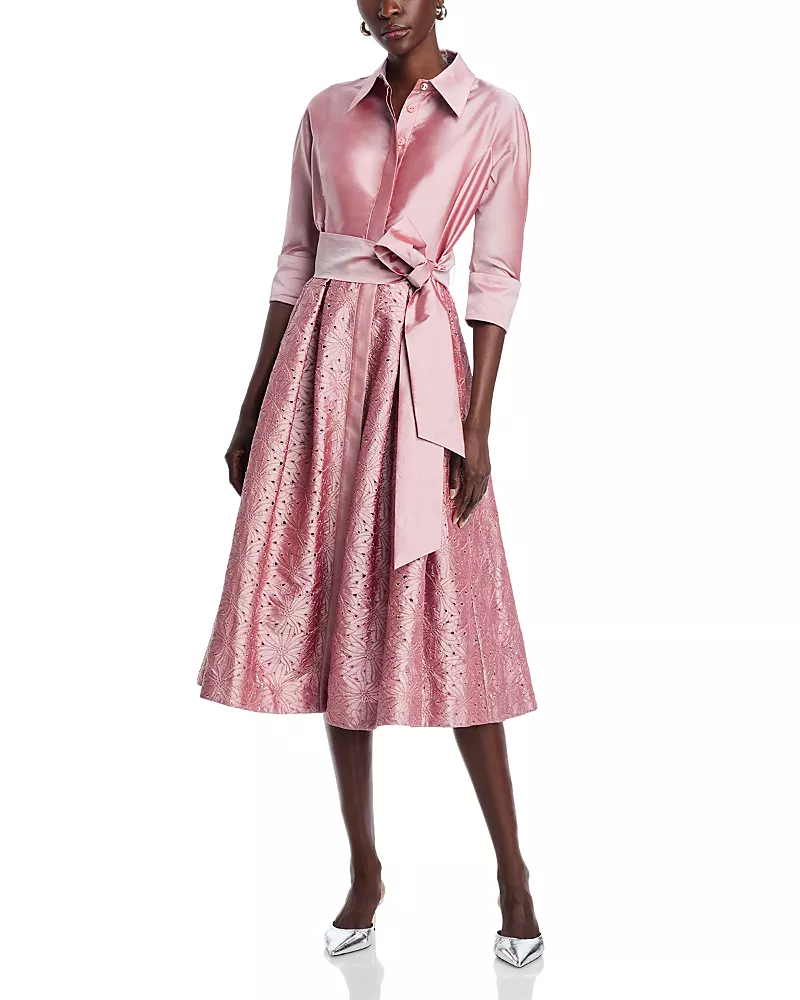 Teri Jon by Rickie Freeman Embroidered Sash Belt Shirt Dress