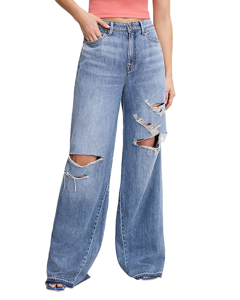 Good American Good Standard Ease Ripped Mid Rise Wide Leg Jeans In Indigo