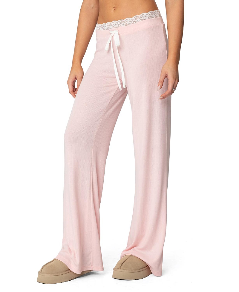 Edikted Peekaboo Lace Trim Knit Wide Leg Pants In Pink
