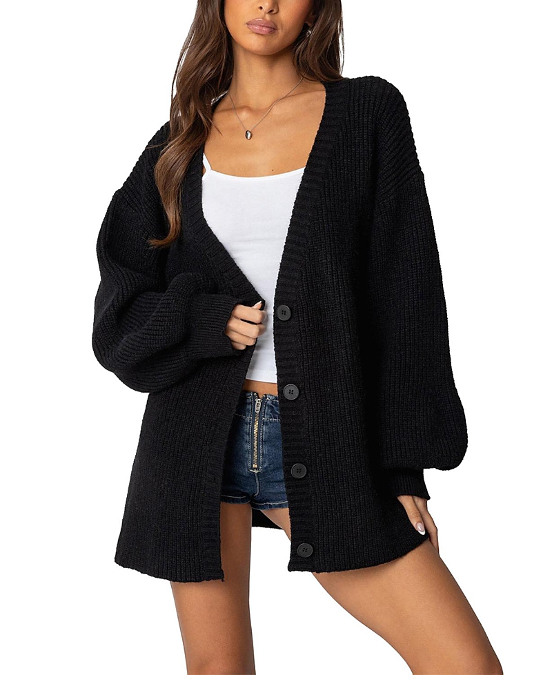 Edikted Mathilde Oversize V-neck Blouson Cardigan In Black