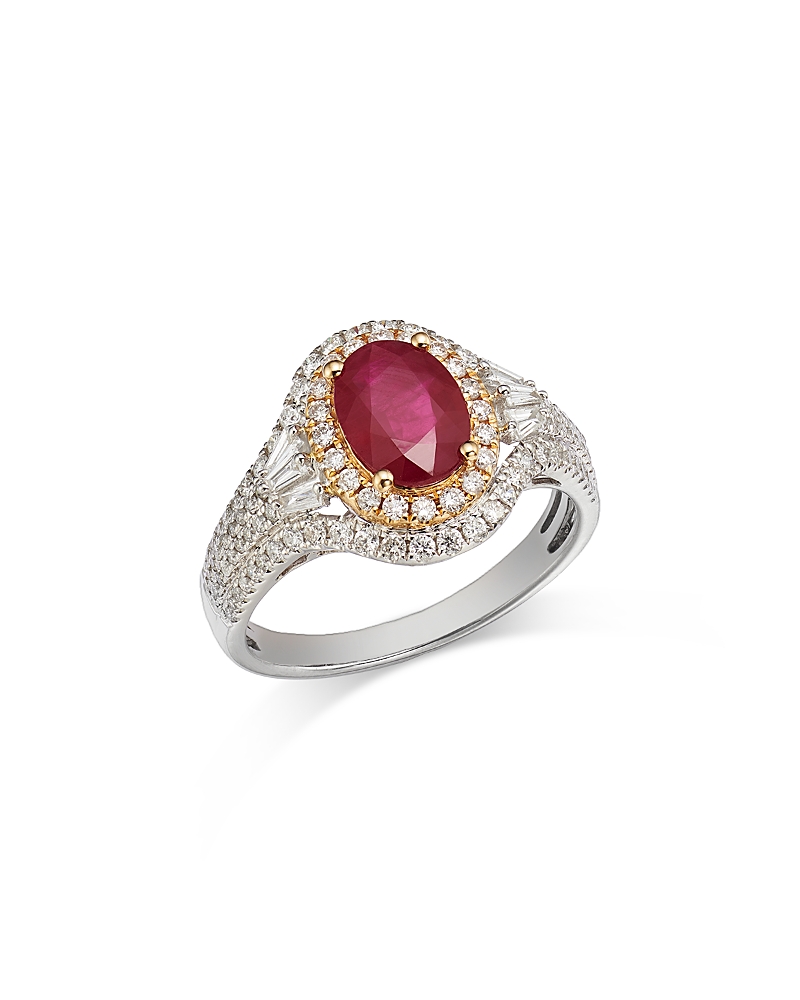 BLOOMINGDALE'S FINE COLLECTION RUBY & DIAMOND OVAL HALO RING IN 14K YELLOW & WHITE GOLD